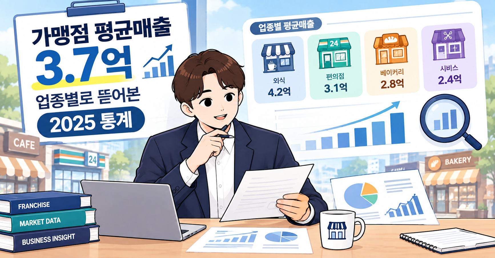 가맹점 평균매출 3.7억 원을 업종별로 비교한 이미지