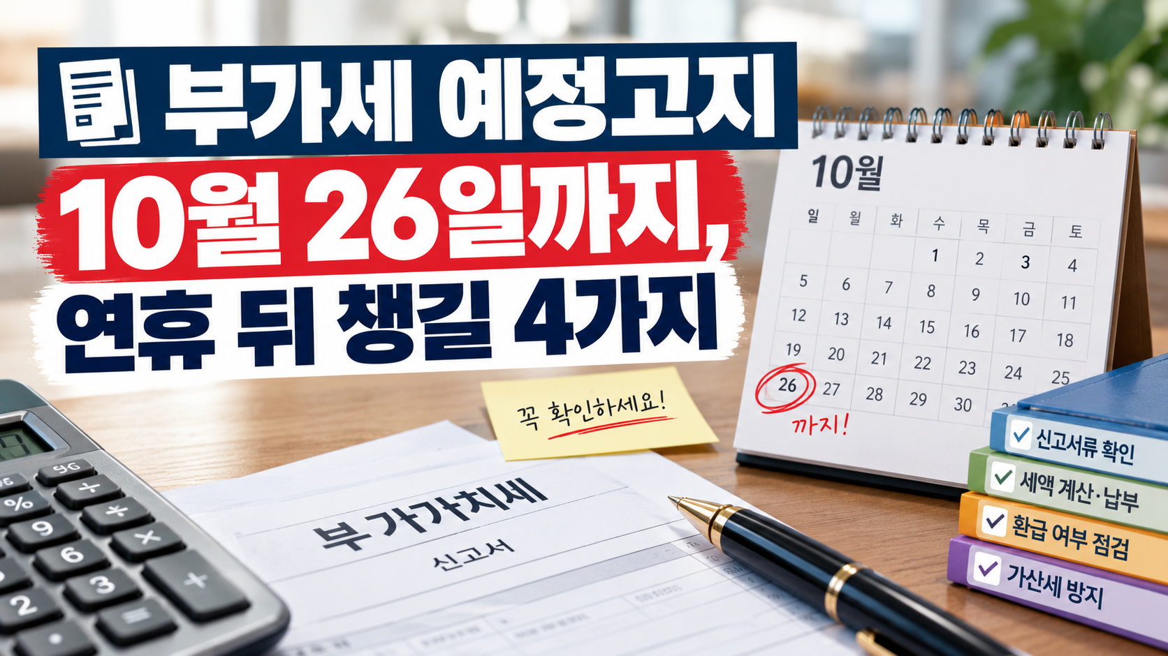 부가세 예정고지 10월 26일 마감과 연휴 뒤 챙길 4가지를 정리한 이미지