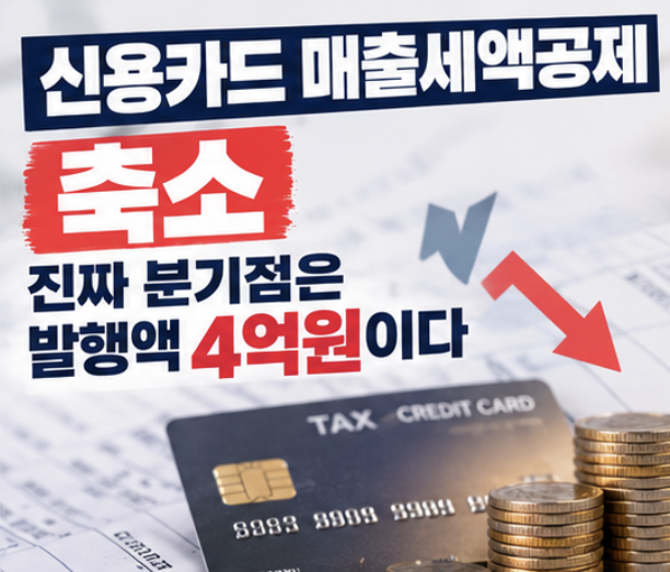 신용카드 매출세액공제 축소로 연 발행액 4억 원부터 부담이 커지는 구조를 정리한 이미지