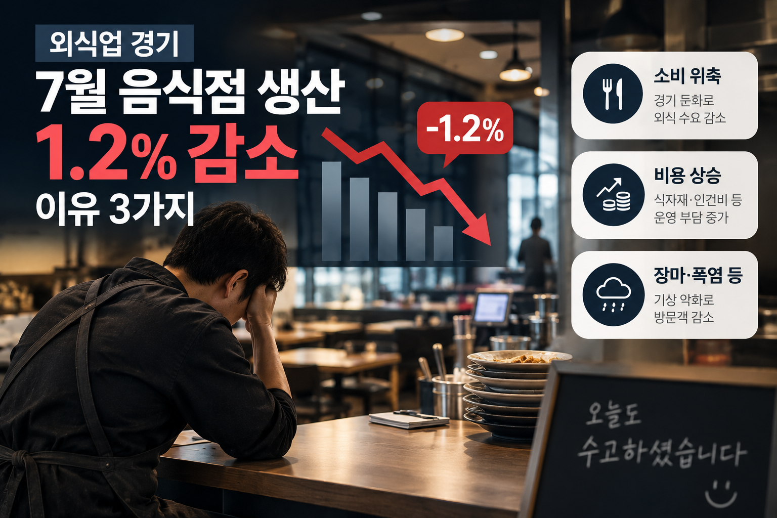 외식업 경기 7월 음식점 생산 1.2% 감소를 정리한 이미지