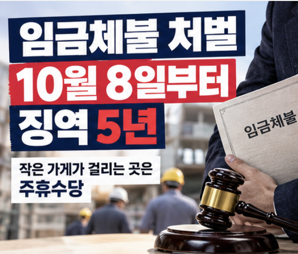 임금체불 처벌이 10월 8일부터 징역 5년으로 높아지는 내용을 정리한 이미지