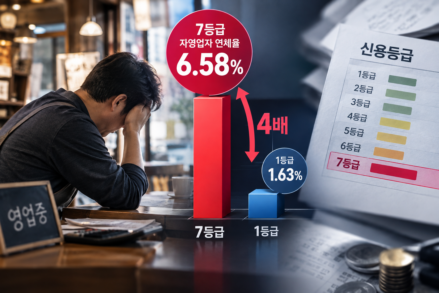 자영업자 연체율이 신용등급별로 4배 벌어진 흐름을 정리한 이미지