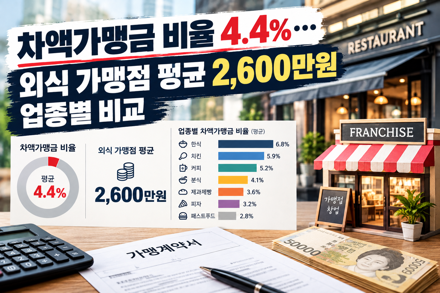 차액가맹금 비율 4.4%와 외식 가맹점 평균 2,600만 원을 업종별로 비교한 이미지