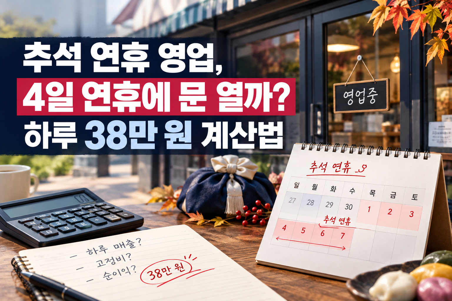 추석 연휴 영업 여부를 하루 매출 38만 원 기준으로 계산한 이미지