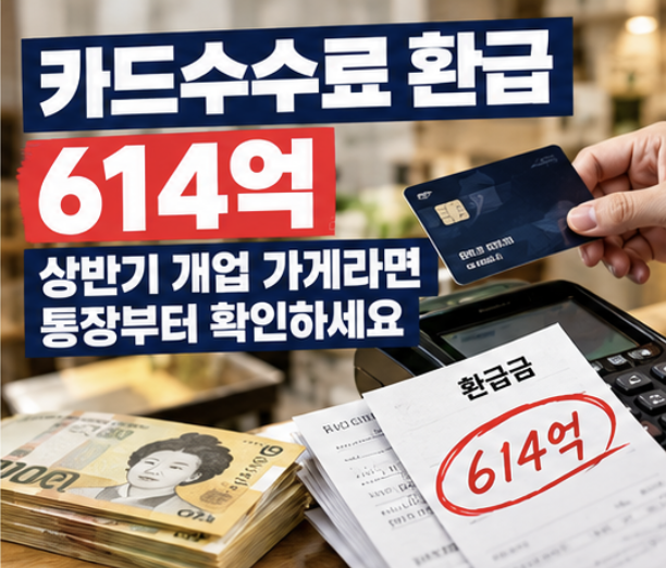 카드수수료 환급 614억 원이 상반기 개업 가맹점에 입금된 내용을 정리한 이미지