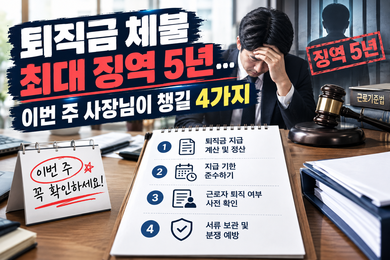 퇴직금 체불 처벌 강화 등 이번 주 사장님이 챙길 4가지를 정리한 이미지