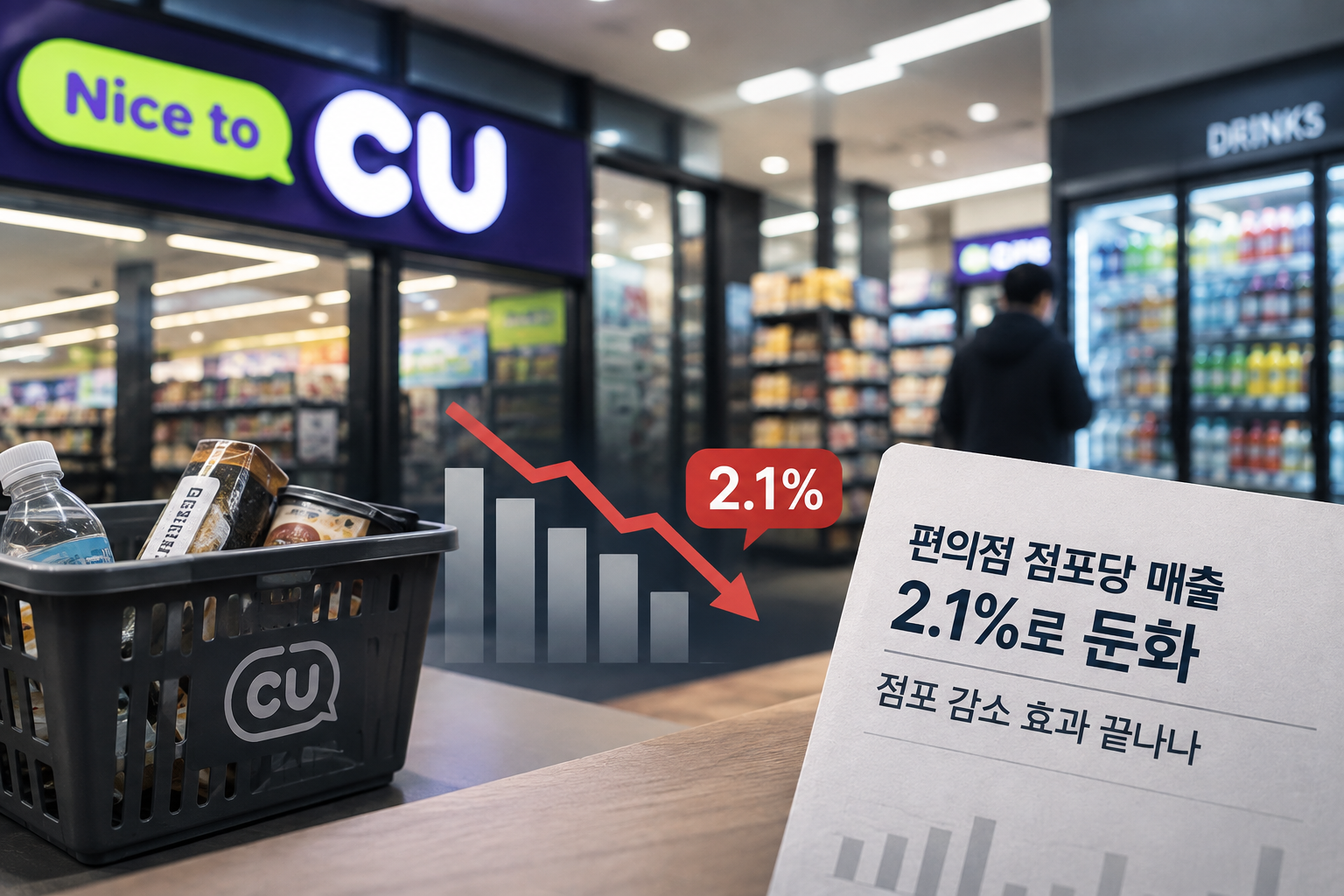 편의점 점포당 매출 증가율이 7월 2.1%로 둔화한 흐름을 정리한 이미지