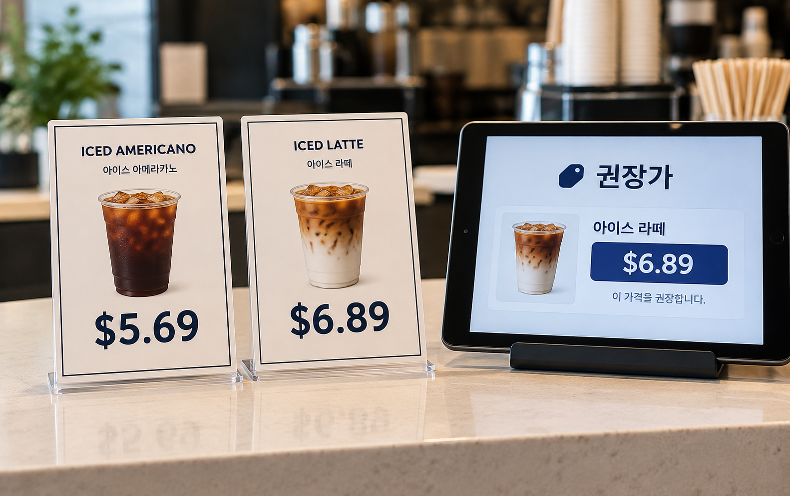 AI 가격 책정 화면과 매장별 가격표를 비교하는 햄버거 매장 카운터