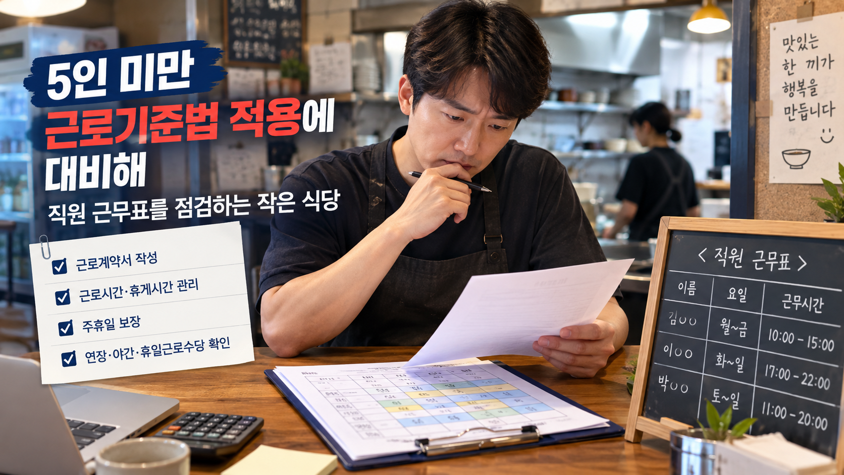 5인 미만 근로기준법 적용에 대비해 직원 근무표를 점검하는 작은 식당