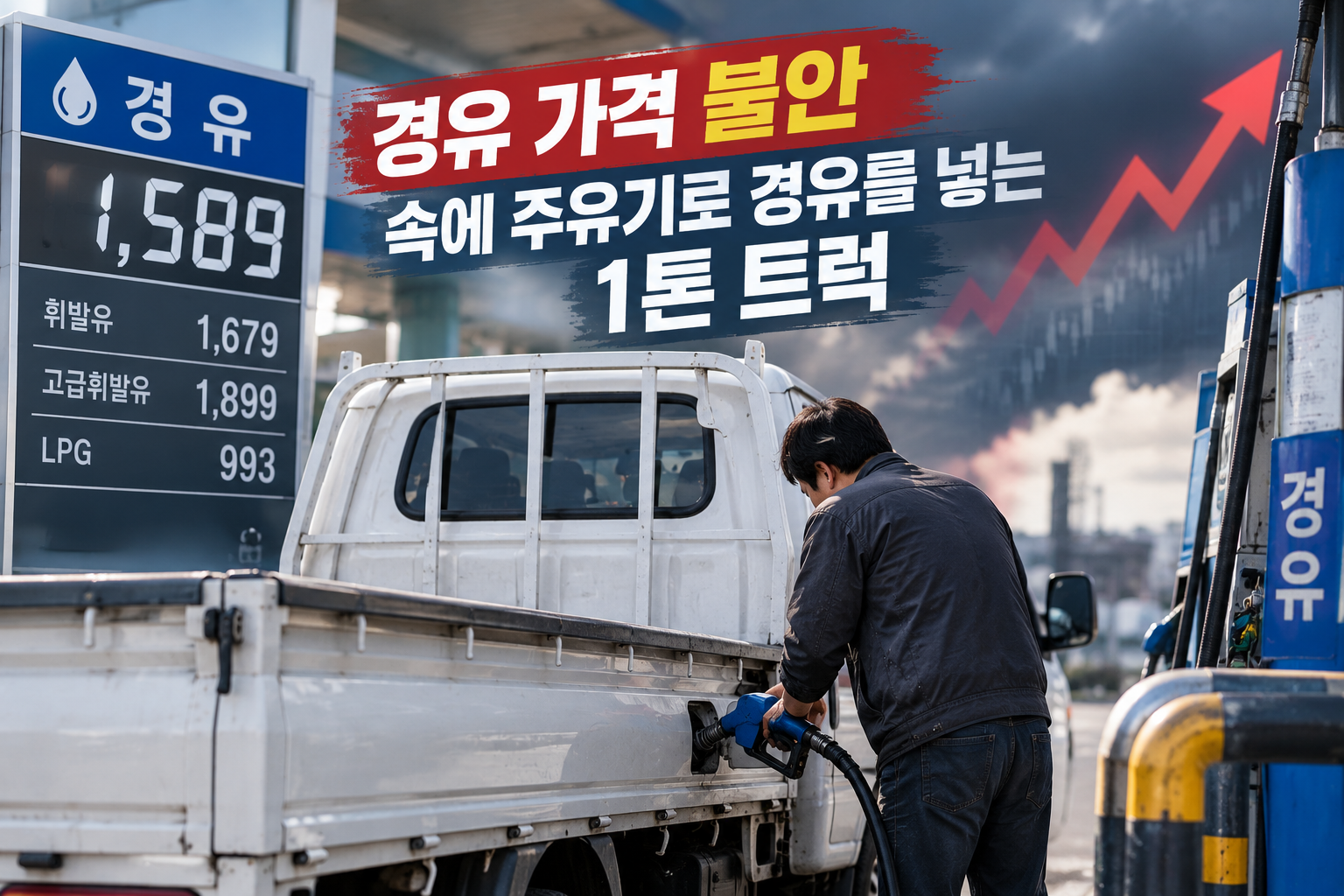 경유 가격 불안 속에 주유기로 경유를 넣는 1톤 트럭