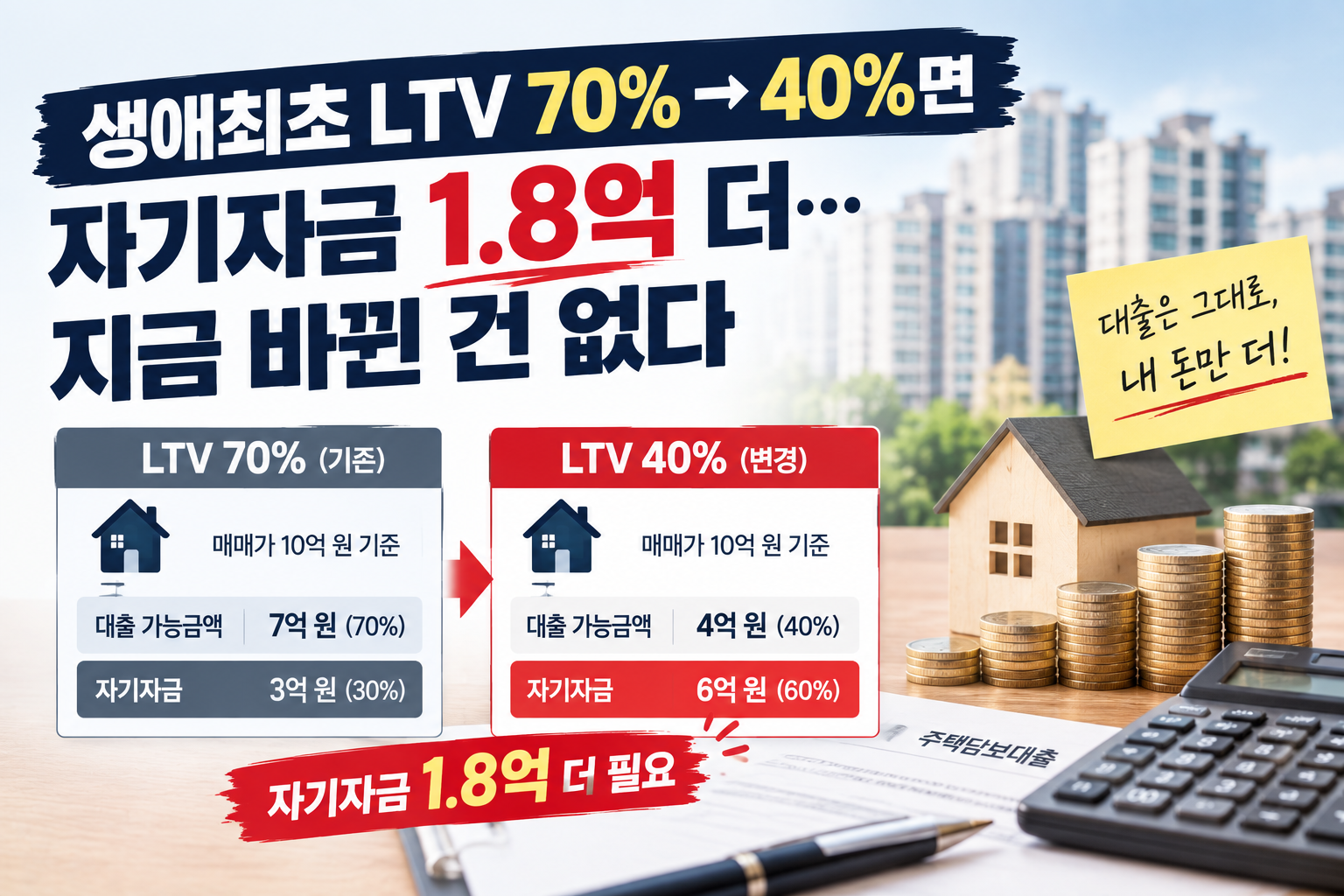생애최초 LTV 규제 논의 속 주택담보대출 서류와 아파트 열쇠